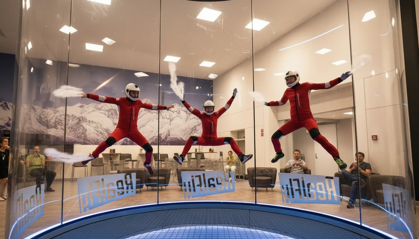 A flyer in a jumpsuit free-falling inside the RealFly indoor wind tunnel in Sion, Switzerland